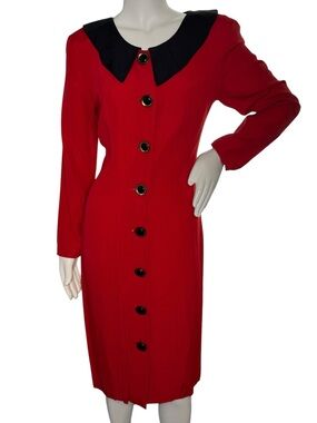 Elisse Red Vintage-Inspired Sheath Dress Black Peter Pan Collar Button Front